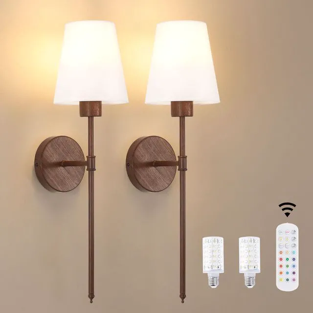 Main image of Battery Operated Wall Sconces Set of 2, Iron Frame with Walnut Tone Paint, 6000 mAh Rechargeable Bulb Dimmable Wall Lamp for Living Room Bedroom