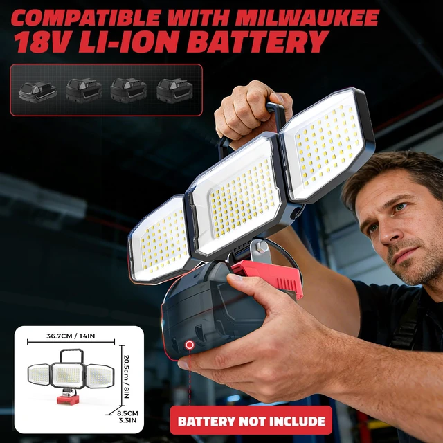 Alt view image 2 of 7 - 2PCS LED Work Light Compatible with Milwaukee 18V Battery, 150W 15000LM Flood Light, 6500K Daylight 3-Head Adjustable, USB Type-C&2 Brightness Modes Portable Flashlight Job Site Light (Tool Only)