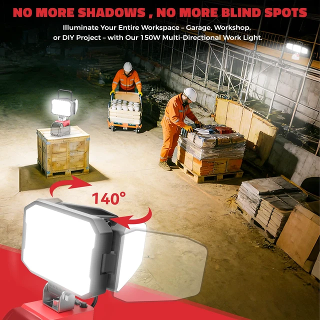 Alt view image 4 of 7 - 2PCS LED Work Light Compatible with Milwaukee 18V Battery, 150W 15000LM Flood Light, 6500K Daylight 3-Head Adjustable, USB Type-C&2 Brightness Modes Portable Flashlight Job Site Light (Tool Only)
