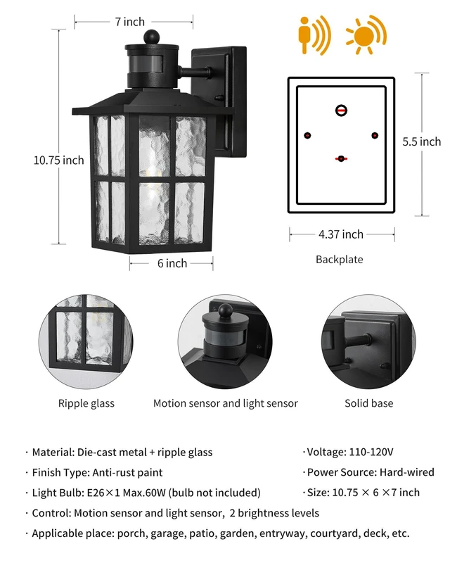 Alt view image 5 of 7 - Black Outdoor Motion Sensor Modern Patio Wall Light Fixtures Set of 2 E26 Socket Waterproof Lanterns & Sconce with Tempered Glass, Modern Wall Mounted Lamps for Home, Front Door, Garage, Porch