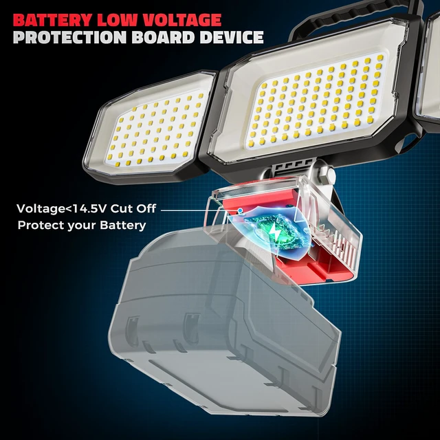 Alt view image 6 of 7 - 2PCS LED Work Light Compatible with Milwaukee 18V Battery, 150W 15000LM Flood Light, 6500K Daylight 3-Head Adjustable, USB Type-C&2 Brightness Modes Portable Flashlight Job Site Light (Tool Only)