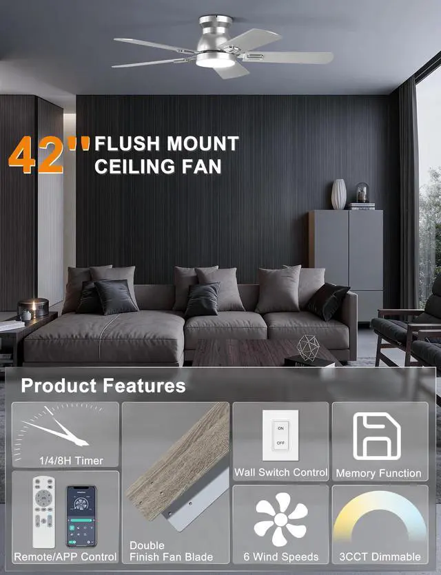 Alt view image 3 of 7 - 42'' Silver Low Profile Ceiling Fan with Lights, Remote/APP Control Flush Mount, Dimmable 3CCT LED, Quiet DC Motor; Memory Function, 4775 CFM, Small Ceiling Fan for Indoor Bedroom Kitchen