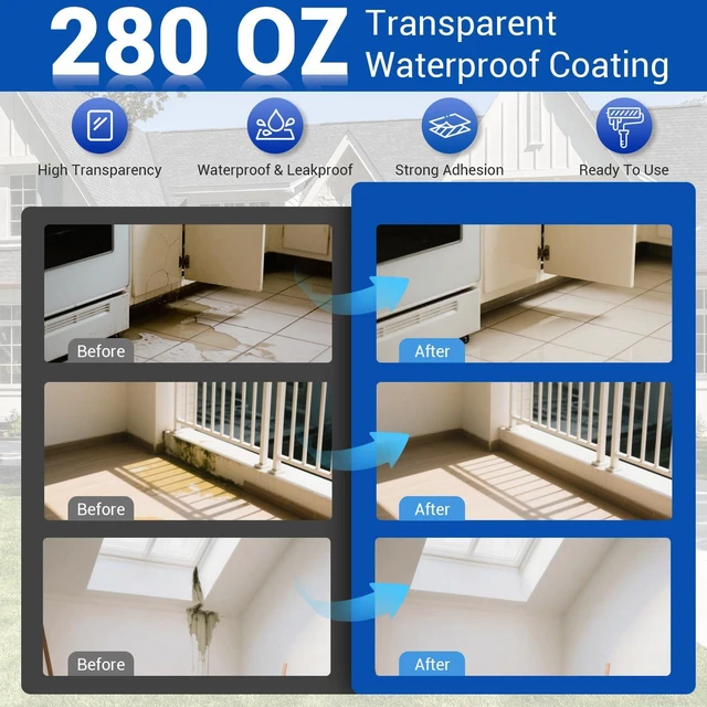 Alt view image 2 of 7 - Transparent Waterproof Coating Sealant 280 Oz (8 KG) Water-based, Invisible Waterproof Anti-Leakage Agent, Indoor and Outdoor Sealing Wood, Gutter, Metal, Skylight, Roof Repair
