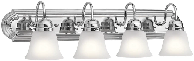 Main image of 4-Light Bathroom Vanity Light, Chrome Satin etched glass vanity light for bathroom mirrors (30" x 8" x 8"), 5338CHS