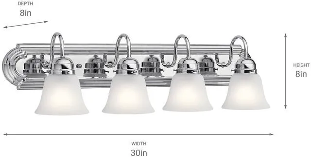 Alt view image 2 of 7 - 4-Light Bathroom Vanity Light, Chrome Satin etched glass vanity light for bathroom mirrors (30" x 8" x 8"), 5338CHS