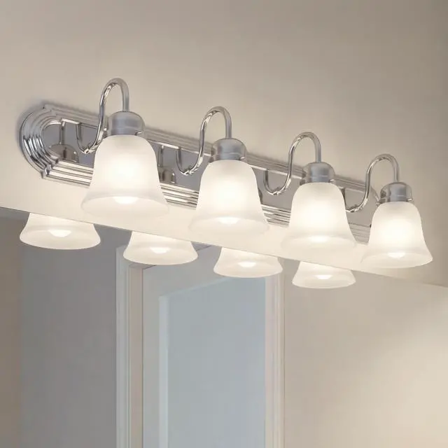 Alt view image 3 of 7 - 4-Light Bathroom Vanity Light, Chrome Satin etched glass vanity light for bathroom mirrors (30" x 8" x 8"), 5338CHS