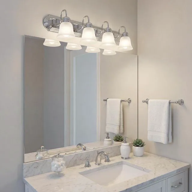 Alt view image 7 of 7 - 4-Light Bathroom Vanity Light, Chrome Satin etched glass vanity light for bathroom mirrors (30" x 8" x 8"), 5338CHS