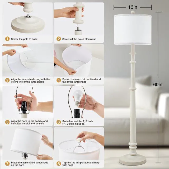Alt view image 7 of 7 - Floor Lamps for Living Room - 60" Farmhouse Floor Lamp with Adjustable Color Temperatures - Vintage Standing Lamp Reading Light with Linen Shade Retro Tall Lamp for Bedroom Office, Almond White