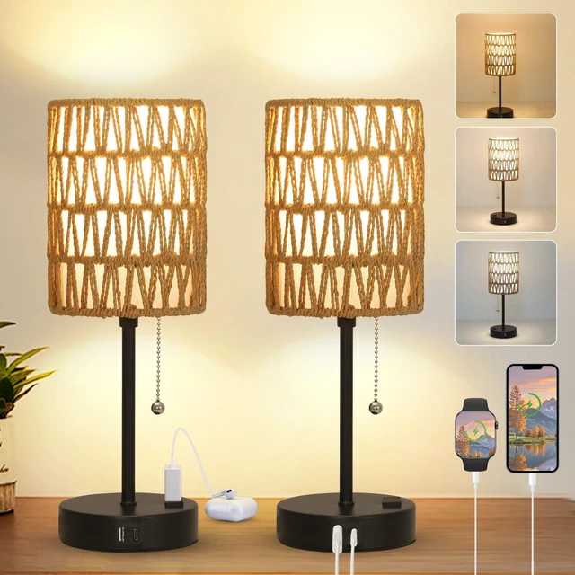 Main image of Rattan Bedside Table Lamps Set of 2 - Boho Lamps With 3 Color Temperatures & USB AC Port, Pull Chain Table Lamp For Bedroom, Cute Small Lamp For Nightstand Office Desk Bed Side End Table Living Room