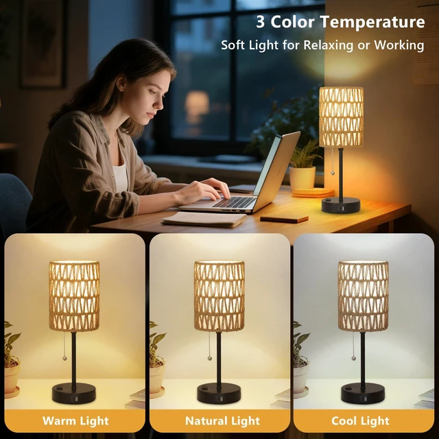 Alt view image 2 of 7 - Rattan Bedside Table Lamps Set of 2 - Boho Lamps With 3 Color Temperatures & USB AC Port, Pull Chain Table Lamp For Bedroom, Cute Small Lamp For Nightstand Office Desk Bed Side End Table Living Room