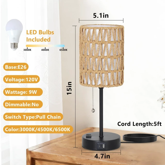 Alt view image 3 of 7 - Rattan Bedside Table Lamps Set of 2 - Boho Lamps With 3 Color Temperatures & USB AC Port, Pull Chain Table Lamp For Bedroom, Cute Small Lamp For Nightstand Office Desk Bed Side End Table Living Room
