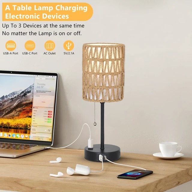 Alt view image 4 of 7 - Rattan Bedside Table Lamps Set of 2 - Boho Lamps With 3 Color Temperatures & USB AC Port, Pull Chain Table Lamp For Bedroom, Cute Small Lamp For Nightstand Office Desk Bed Side End Table Living Room