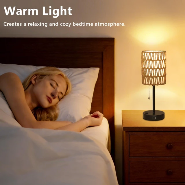 Alt view image 5 of 7 - Rattan Bedside Table Lamps Set of 2 - Boho Lamps With 3 Color Temperatures & USB AC Port, Pull Chain Table Lamp For Bedroom, Cute Small Lamp For Nightstand Office Desk Bed Side End Table Living Room