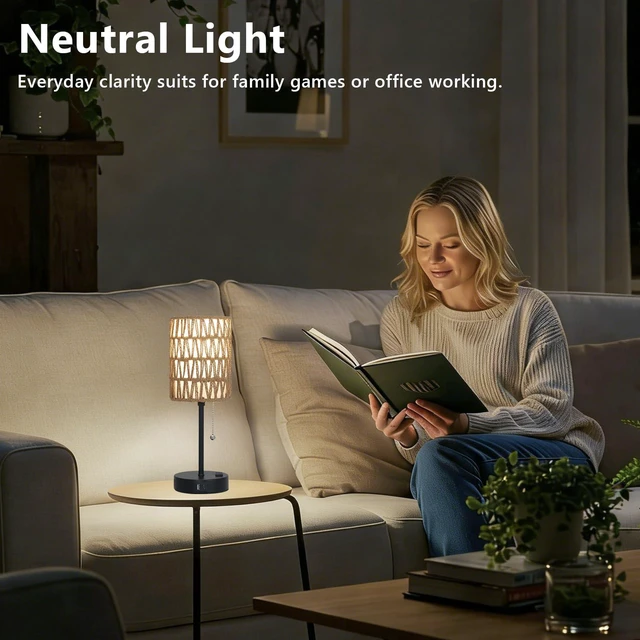 Alt view image 6 of 7 - Rattan Bedside Table Lamps Set of 2 - Boho Lamps With 3 Color Temperatures & USB AC Port, Pull Chain Table Lamp For Bedroom, Cute Small Lamp For Nightstand Office Desk Bed Side End Table Living Room