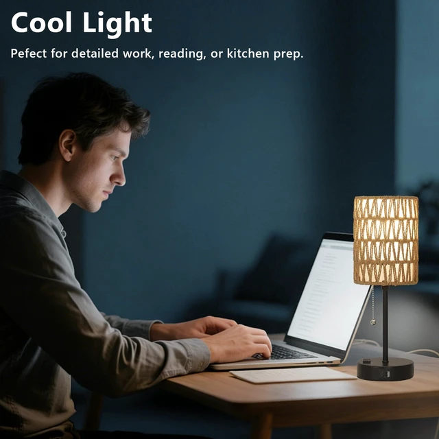 Alt view image 7 of 7 - Rattan Bedside Table Lamps Set of 2 - Boho Lamps With 3 Color Temperatures & USB AC Port, Pull Chain Table Lamp For Bedroom, Cute Small Lamp For Nightstand Office Desk Bed Side End Table Living Room