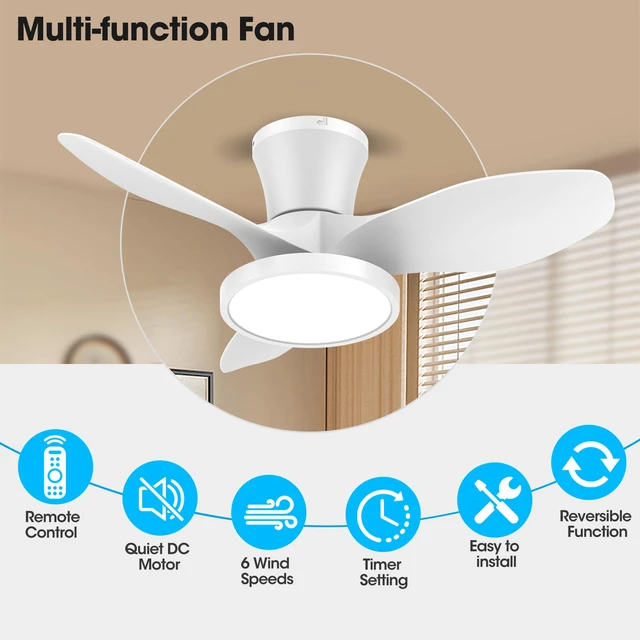Alt view image 2 of 7 - Quiet Ceiling Fan with LED Light DC Motor 32 inch Large Air Volume Remote Control White for Kitchen Bedroom Dining Room Patio