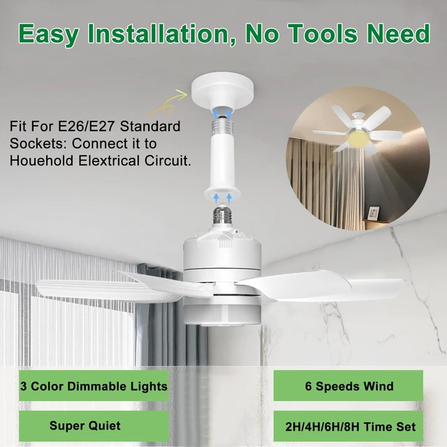 Alt view image 2 of 7 - 2 Pack Socket Fan Light, E26/E27 Screw in Ceiling Fans with Lights and Remote, 19.7 Inch, 6 Speed Socket Fan with Dimmable Lights 3000K-6500K, Light Bulb Fan for Bedroom Kitchen Garage Laundry Room