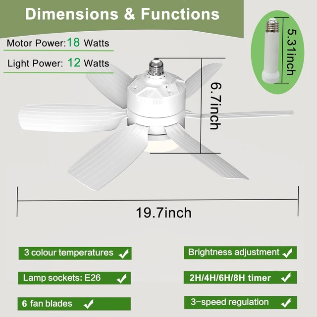 Alt view image 5 of 7 - 2 Pack Socket Fan Light, E26/E27 Screw in Ceiling Fans with Lights and Remote, 19.7 Inch, 6 Speed Socket Fan with Dimmable Lights 3000K-6500K, Light Bulb Fan for Bedroom Kitchen Garage Laundry Room