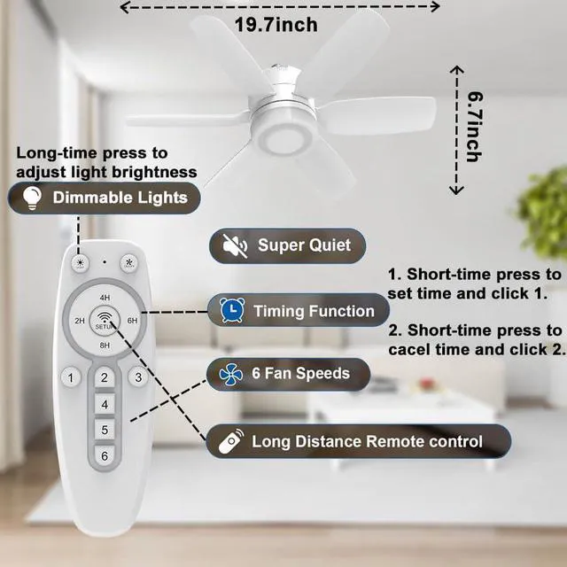 Alt view image 7 of 7 - 2 Pack Socket Fan Light, E26/E27 Screw in Ceiling Fans with Lights and Remote, 19.7 Inch, 6 Speed Socket Fan with Dimmable Lights 3000K-6500K, Light Bulb Fan for Bedroom Kitchen Garage Laundry Room