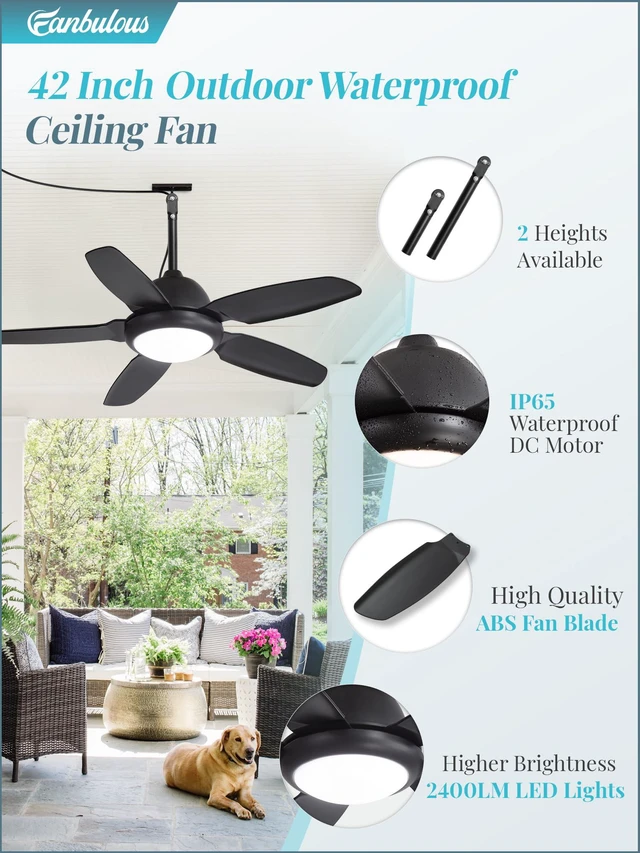 Alt view image 2 of 7 - 42 Inch Waterproof Outdoor Ceiling Fan with Light for Patio,Black IP65 Wet Rated, 3CCT Dimmable Light,Remote Control,6-Speed DC Motor, Plug-in Cord, Hanging Hook for Gazebo, Porch, Pergola