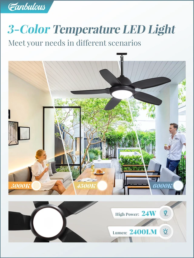 Alt view image 4 of 7 - 42 Inch Waterproof Outdoor Ceiling Fan with Light for Patio,Black IP65 Wet Rated, 3CCT Dimmable Light,Remote Control,6-Speed DC Motor, Plug-in Cord, Hanging Hook for Gazebo, Porch, Pergola