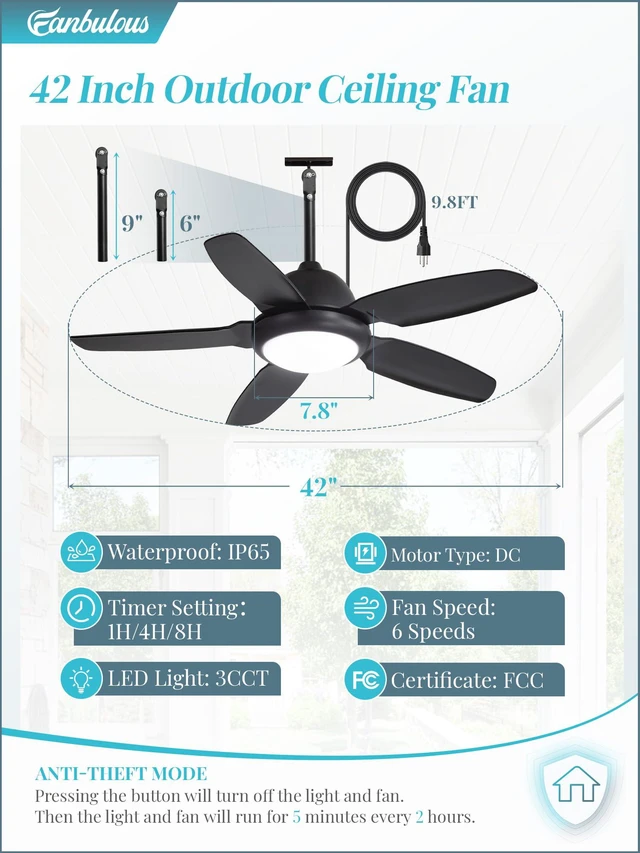 Alt view image 6 of 7 - 42 Inch Waterproof Outdoor Ceiling Fan with Light for Patio,Black IP65 Wet Rated, 3CCT Dimmable Light,Remote Control,6-Speed DC Motor, Plug-in Cord, Hanging Hook for Gazebo, Porch, Pergola
