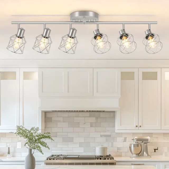 Main image of 6-Light Brushed Nickel Multi-Directional Semi Flush Mount Ceiling Light, Kitchen Light Fixtures Ceiling Mount, Modern Metal Cage Close to Ceiling Lamp for Dining Room Hallway Entryway