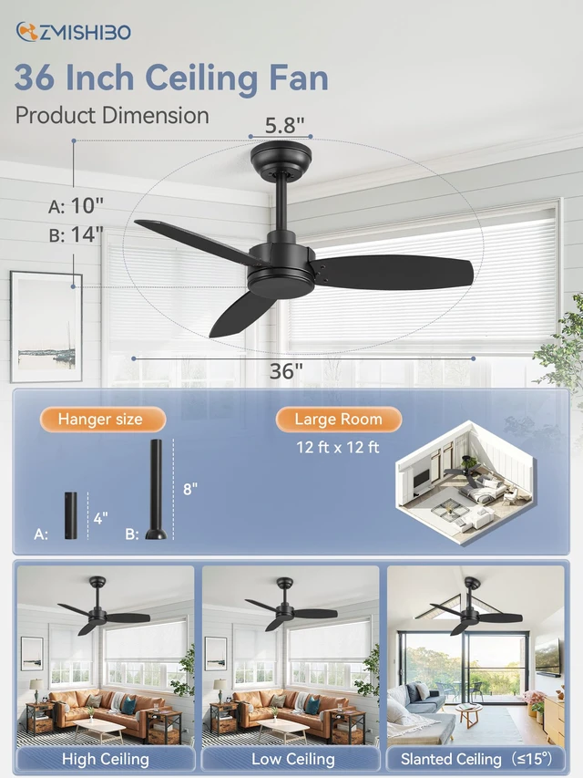 Alt view image 6 of 7 - 2 Pack 36 Inch Black Ceiling Fans no Light with Remote, 6 Speeds Quiet Reversible DC Motor, Ceiling Fan without Light, Indoor/Outdoor, for Patio, Bedroom, Living Room