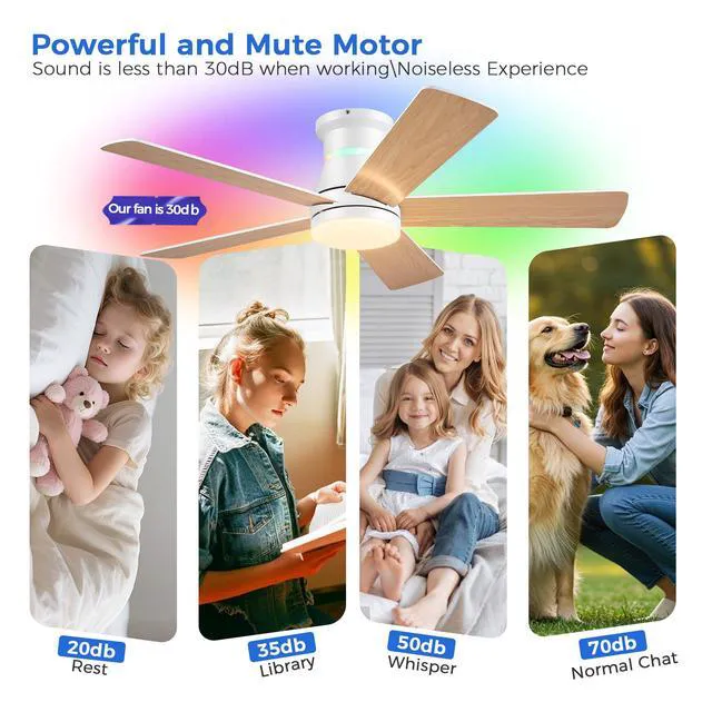 Alt view image 2 of 7 - Ceiling Fans with RGB Lights -48 White Flush Mount Ceiling Fan Low Profile,Reversible,Dimmable LED,3CCT Modern Fan Light Fixture for Bedroom Party