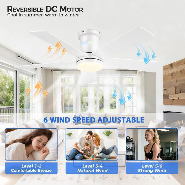 Alt view image 3 of 7 - Ceiling Fans with RGB Lights -48 White Flush Mount Ceiling Fan Low Profile,Reversible,Dimmable LED,3CCT Modern Fan Light Fixture for Bedroom Party
