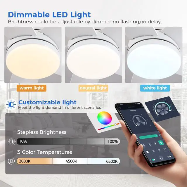 Alt view image 5 of 7 - Ceiling Fans with RGB Lights -48 White Flush Mount Ceiling Fan Low Profile,Reversible,Dimmable LED,3CCT Modern Fan Light Fixture for Bedroom Party