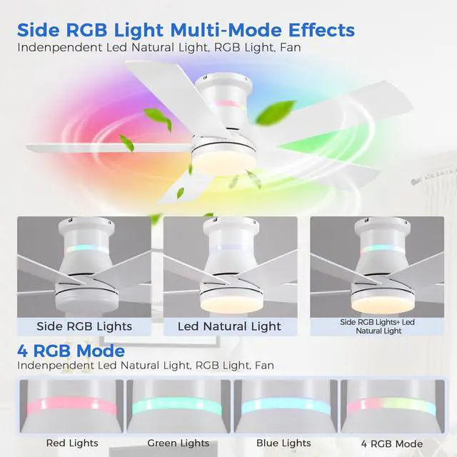 Alt view image 6 of 7 - Ceiling Fans with RGB Lights -48 White Flush Mount Ceiling Fan Low Profile,Reversible,Dimmable LED,3CCT Modern Fan Light Fixture for Bedroom Party