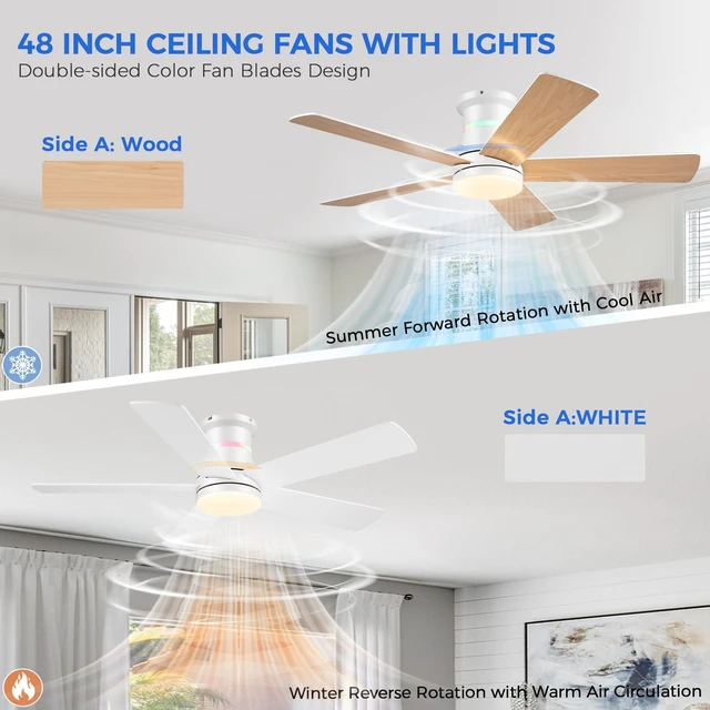 Alt view image 7 of 7 - Ceiling Fans with RGB Lights -48 White Flush Mount Ceiling Fan Low Profile,Reversible,Dimmable LED,3CCT Modern Fan Light Fixture for Bedroom Party