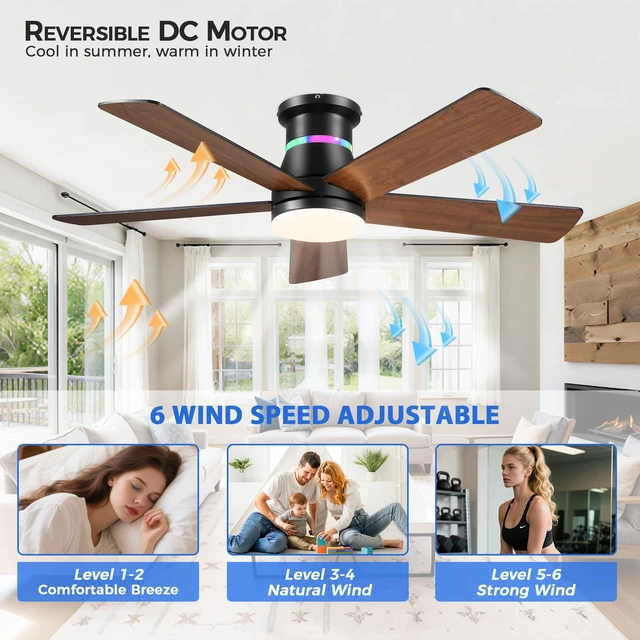Alt view image 3 of 7 - Ceiling Fans with RGB Lights -48 Brown Flush Mount Ceiling Fan Low Profile,Reversible,Dimmable LED,3CCT Modern Fan Light Fixture for Bedroom Party