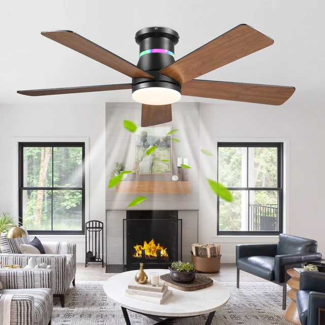 Alt view image 4 of 7 - Ceiling Fans with RGB Lights -48 Brown Flush Mount Ceiling Fan Low Profile,Reversible,Dimmable LED,3CCT Modern Fan Light Fixture for Bedroom Party
