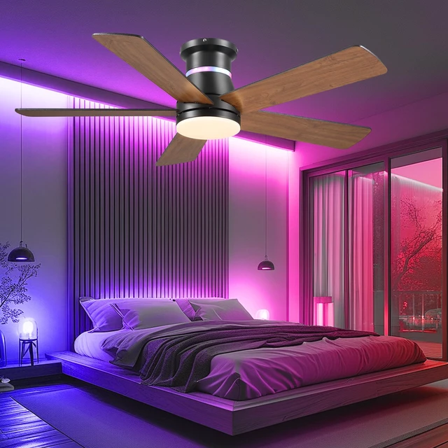 Alt view image 5 of 7 - Ceiling Fans with RGB Lights -48 Brown Flush Mount Ceiling Fan Low Profile,Reversible,Dimmable LED,3CCT Modern Fan Light Fixture for Bedroom Party