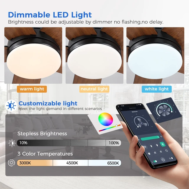Alt view image 6 of 7 - Ceiling Fans with RGB Lights -48 Brown Flush Mount Ceiling Fan Low Profile,Reversible,Dimmable LED,3CCT Modern Fan Light Fixture for Bedroom Party