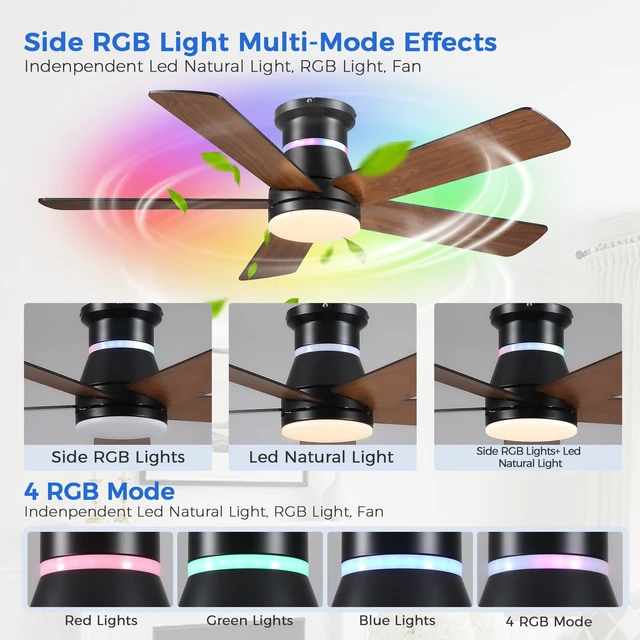 Alt view image 7 of 7 - Ceiling Fans with RGB Lights -48 Brown Flush Mount Ceiling Fan Low Profile,Reversible,Dimmable LED,3CCT Modern Fan Light Fixture for Bedroom Party