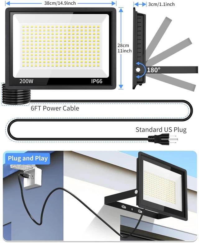 Alt view image 6 of 7 - 24000LM 200W LED Flood Light Outdoor Plug in, IP66 for Yard Garage, 5000K LED Floodlight with 6ft Wire, Super Brighter Security Light, Waterproof Work Light for Backyard Garden Stadium, 2 Pack