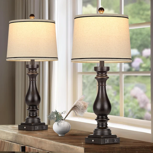 Alt view image 2 of 7 - 29" Tall Table Lamp for Living Room Set of 2,Farmhouse Vintage Bedside Nightstand Lamps with USB C+A Ports & AC Outlet,3-Way Dimmable Touch Control Retro Black Lamp for Bedroom,Color 5