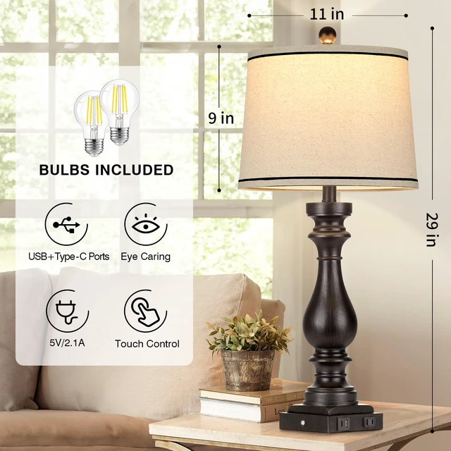 Alt view image 3 of 7 - 29" Tall Table Lamp for Living Room Set of 2,Farmhouse Vintage Bedside Nightstand Lamps with USB C+A Ports & AC Outlet,3-Way Dimmable Touch Control Retro Black Lamp for Bedroom,Color 5