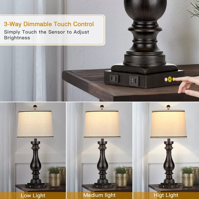 Alt view image 4 of 7 - 29" Tall Table Lamp for Living Room Set of 2,Farmhouse Vintage Bedside Nightstand Lamps with USB C+A Ports & AC Outlet,3-Way Dimmable Touch Control Retro Black Lamp for Bedroom,Color 5