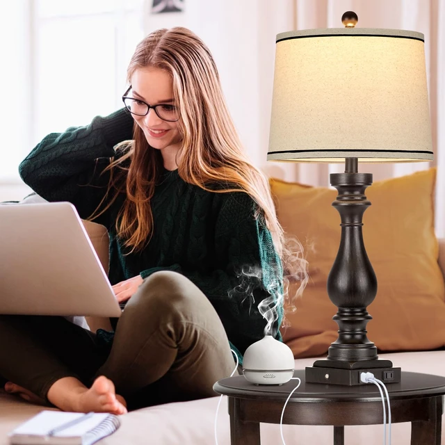 Alt view image 6 of 7 - 29" Tall Table Lamp for Living Room Set of 2,Farmhouse Vintage Bedside Nightstand Lamps with USB C+A Ports & AC Outlet,3-Way Dimmable Touch Control Retro Black Lamp for Bedroom,Color 5