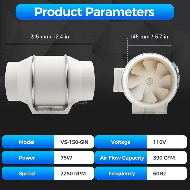 Alt view image 7 of 7 - 6 Inch Duct Fan with Remote Control Inline Ventilation Exhaust Fan 390 CFM Airflow | Low Noise | Durable Motor | Safety Protection| for Grow Tent, Bathroom, Hydroponics, 3D Printer, Kitchen