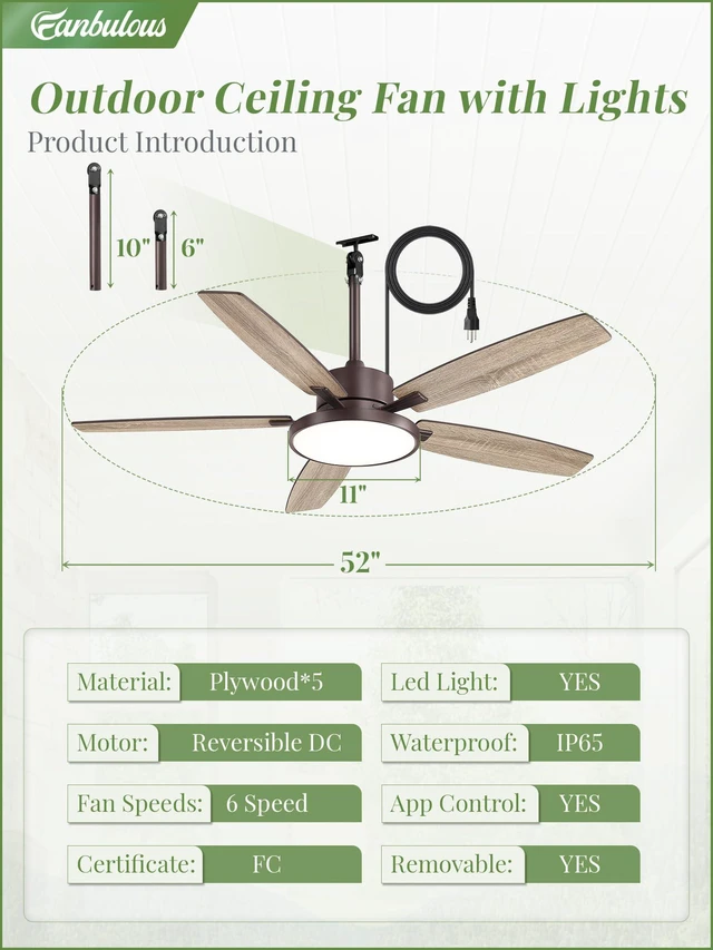 Alt view image 4 of 7 - 52" Outdoor Ceiling Fan with Light IP65 Outdoor Fans for Patio Waterproof Wet Rated Ceiling Fan with 6-Speed DC Motor, Farmhouse Plug in Gazebo Fan for Porch Patios Pavilion(Oil Bronze)