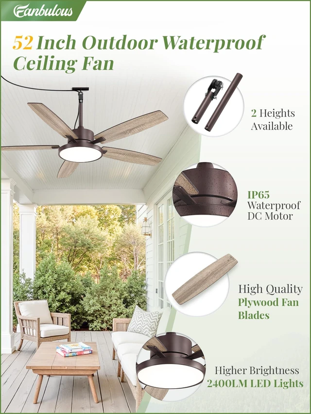 Alt view image 5 of 7 - 52" Outdoor Ceiling Fan with Light IP65 Outdoor Fans for Patio Waterproof Wet Rated Ceiling Fan with 6-Speed DC Motor, Farmhouse Plug in Gazebo Fan for Porch Patios Pavilion(Oil Bronze)