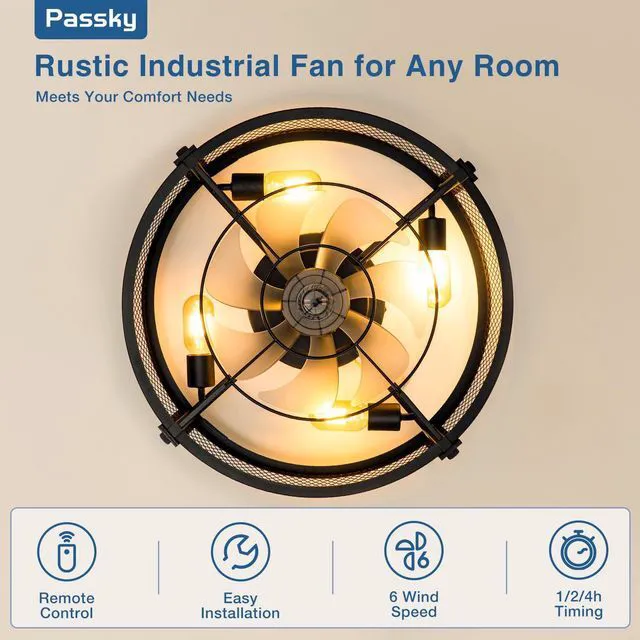 Alt view image 2 of 7 - 20" Caged Ceiling Fans with Lights and Remote, Low Profile Fandelier Reversible DC Motor, 1/2/4H Timer, 6 Speeds, Farmhouse Style, Quiet Operation, for Bedroom, Kitchen, Dining Room, Living Room