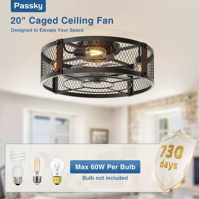Alt view image 3 of 7 - 20" Caged Ceiling Fans with Lights and Remote, Low Profile Fandelier Reversible DC Motor, 1/2/4H Timer, 6 Speeds, Farmhouse Style, Quiet Operation, for Bedroom, Kitchen, Dining Room, Living Room