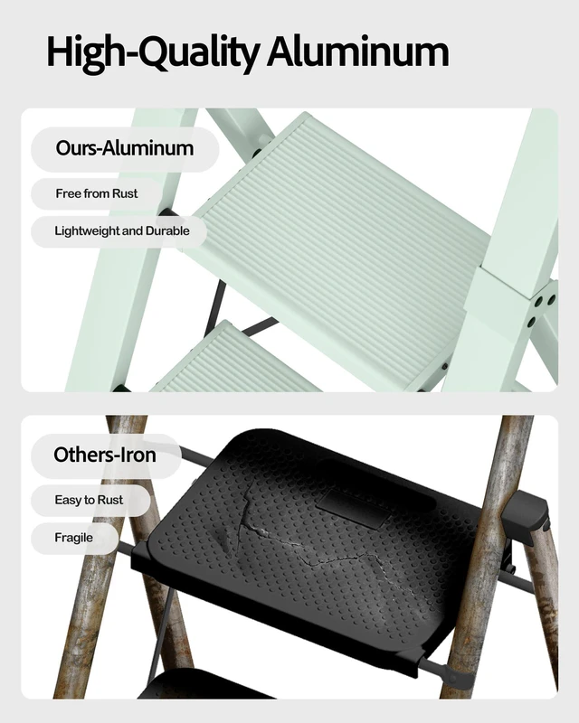 Alt view image 2 of 7 - 3 Step Ladder,Aluminum Step Stool Foldable-Fairyland Green Lightweight Folding Ladder with Handgrip,Wide Top Pedal,330lbs Capacity Stepladder for Home,Office,Kitchen