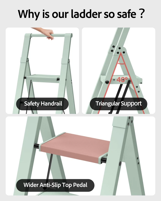 Alt view image 3 of 7 - 4 Step Ladder,Aluminum Step Stool Foldable-Fairyland Green Lightweight Folding Ladder with Convenient Handgrip,Wide Top Pedal,330lbs Capacity Stepladder for Home,Office,Kitchen